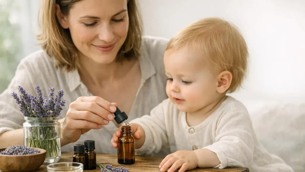 Une mère et son enfant découvrent les bienfaits de l'huile essentielle de lavande. Des brins de lavande fraîche et des petits flacons sont disposés sur une table en bois.