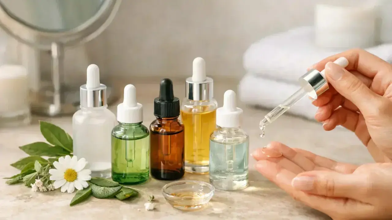 Plusieurs flacons de sérum, des plantes et une main testant une goutte. Difficile de savoir quel sérum choisir pour votre peau.