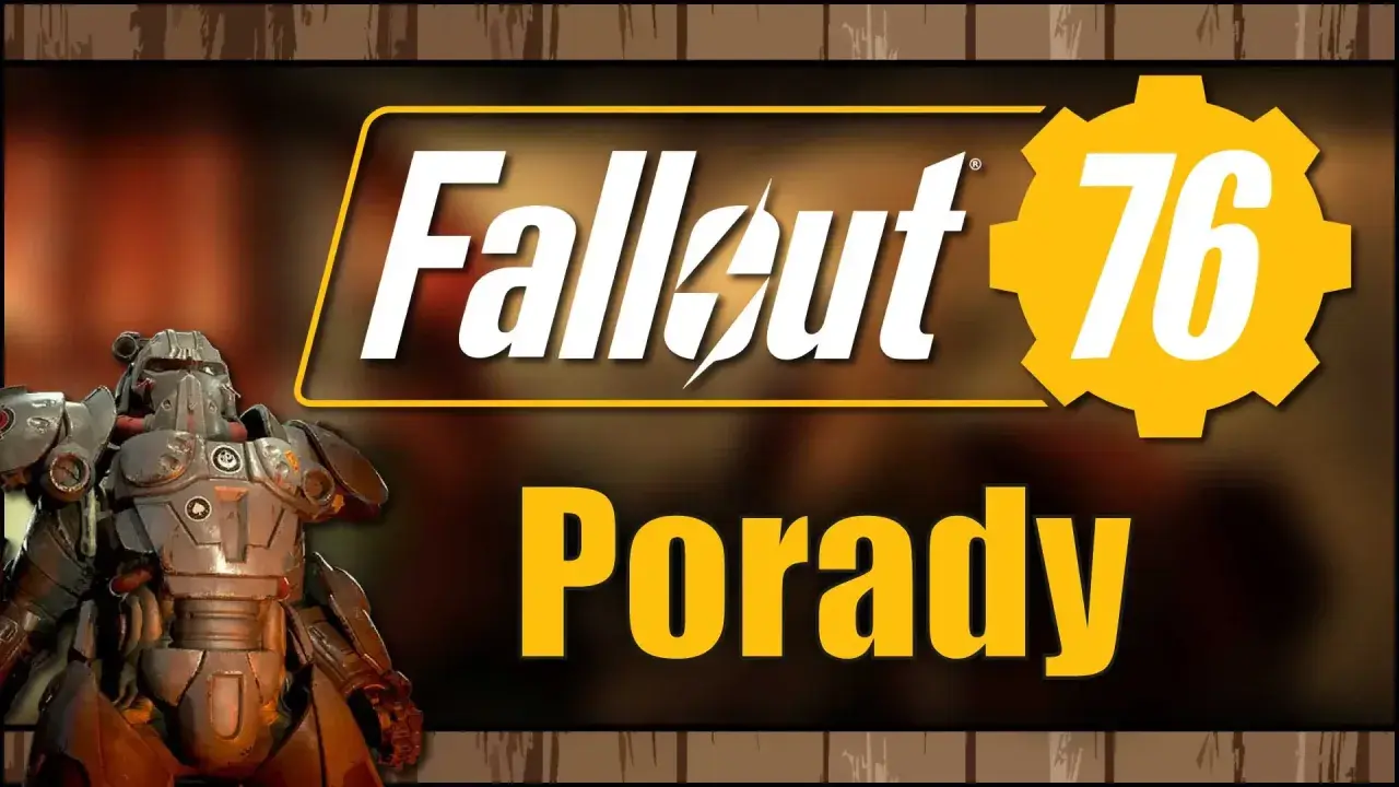 Postapokaliptyczny wojownik w pancerzu wspomaganym, logo Fallout 76 i napis "Porady". Sprawdź, czy Twój sprzęt spełnia fallout 76 wymagania.