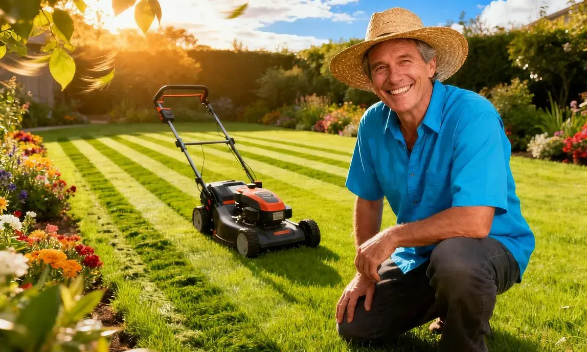 Un homme souriant, chapeau de paille, prêt à tondre la pelouse. Le soleil brille sur le jardin, les fleurs sont éclatantes. C'est le moment idéal pour savoir quand tondre la pelouse.