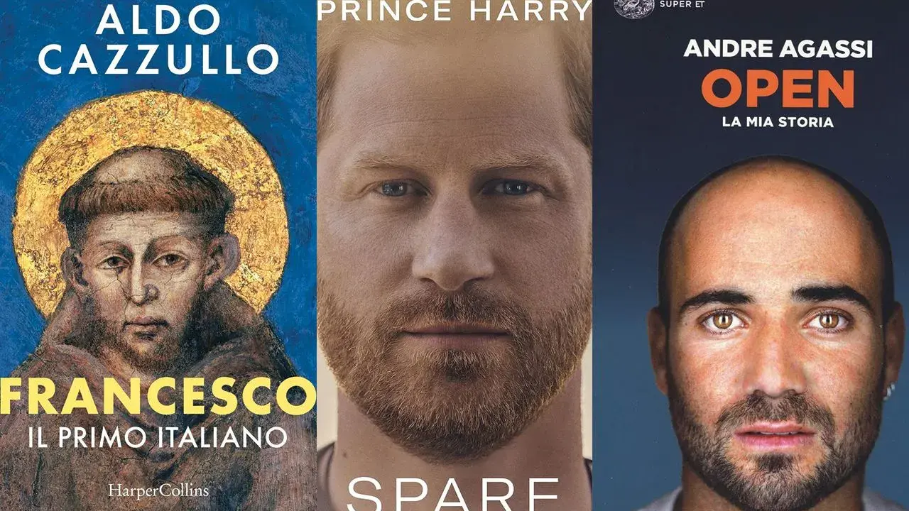 Copertine di biografie da leggere: "Francesco, il primo italiano" di Aldo Cazzullo, "Spare" di Prince Harry e "Open" di Andre Agassi.