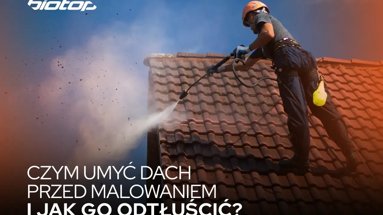 Pracownik myje dach myjką ciśnieniową, przygotowując go do malowania. Dowiedz się, czym umyć dach przed malowaniem i jak go odtłuścić.