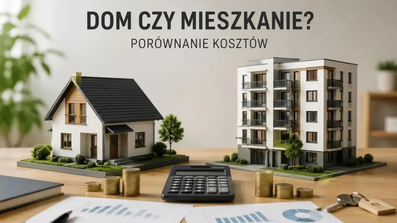 Porównanie kosztów: dom czy mieszkanie? Na stole modele domów, pieniądze, kalkulator i dokumenty.
