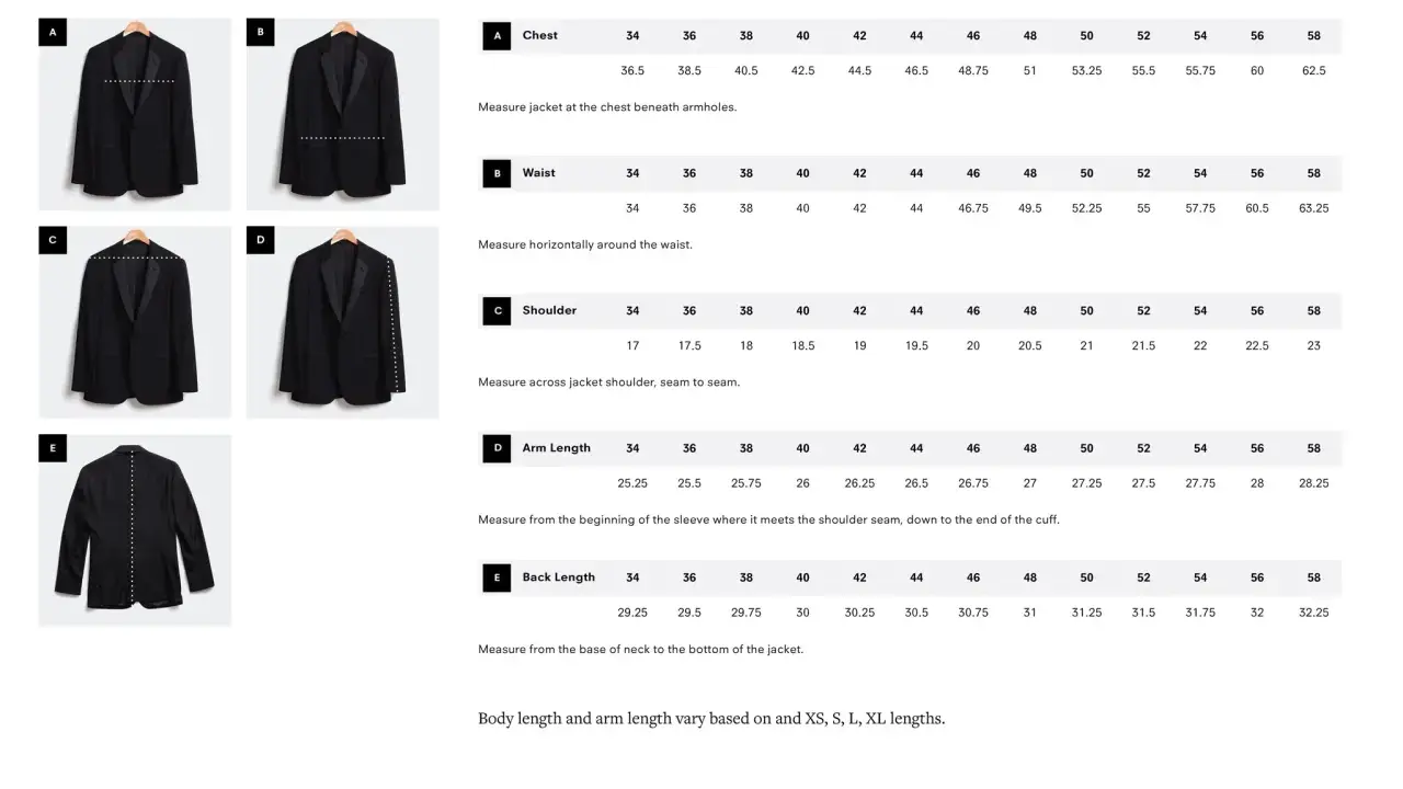 Diagrams and a chart showing how to measure for a tuxedo jacket, including chest, waist, shoulder, arm length, and back length.