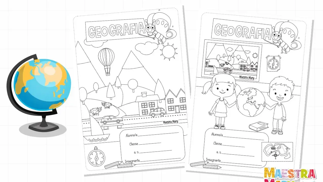 Copertina geografia classe seconda con disegni di un mappamondo, paesaggi, bambini e farfalla.