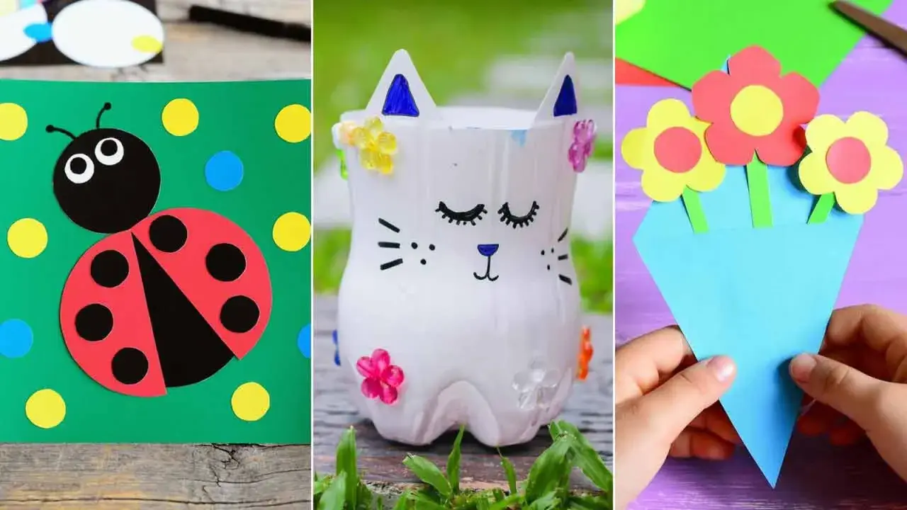 Manualidades primavera infantil: mariquita en cartulina, gatito con botella reciclada y ramo de flores de papel.