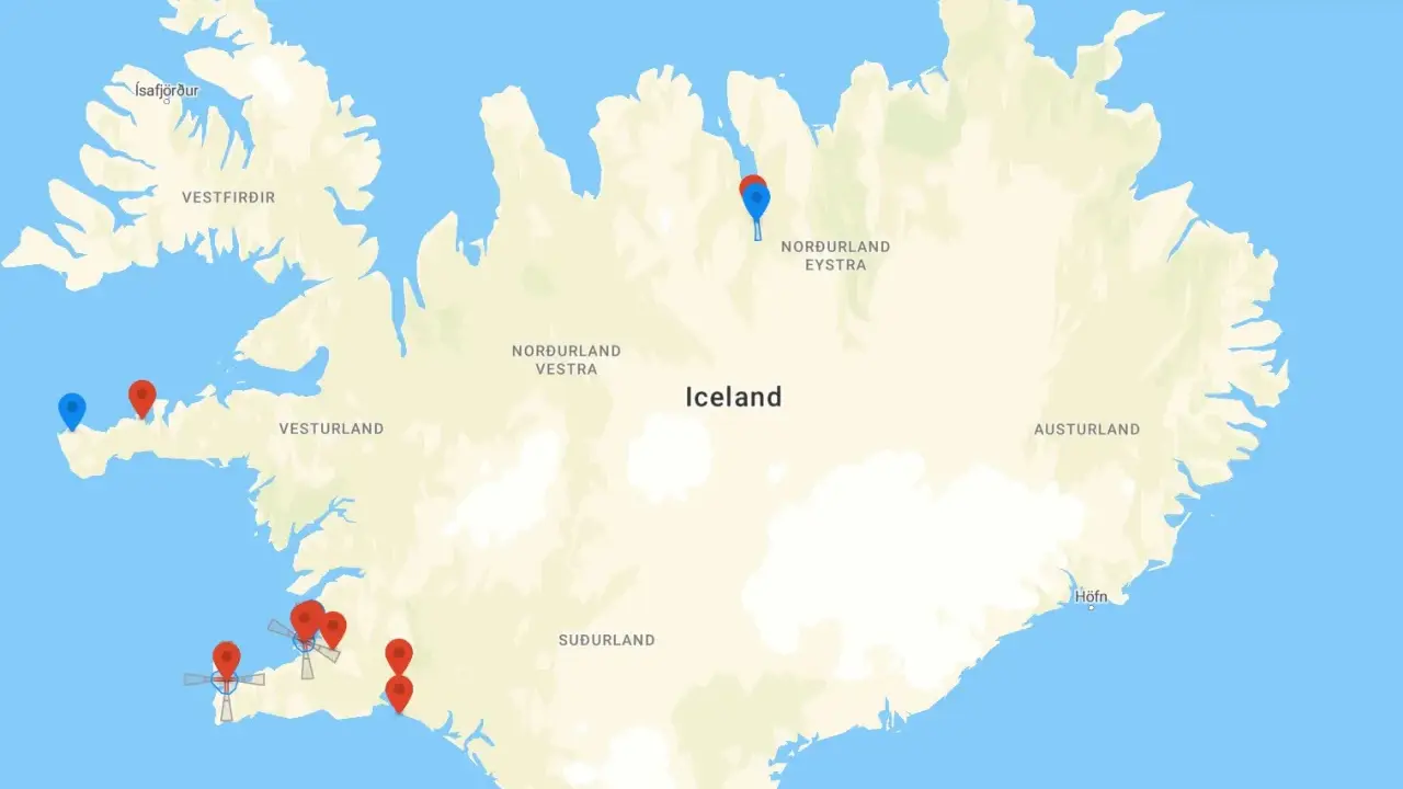 Karte von Island mit Markierungen. Eine Drohne fliegt über die Insel und sammelt Daten.