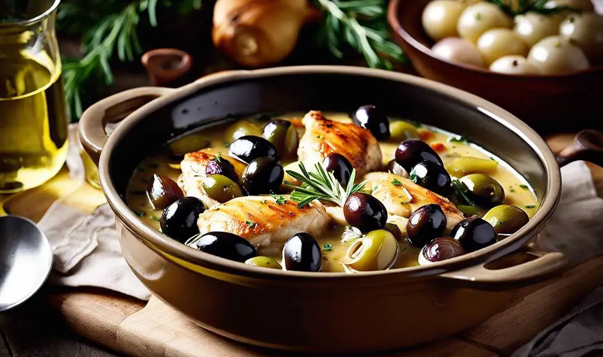 Un plat de poulet aux olives, garni de romarin frais, baignant dans une sauce onctueuse. Des oignons perlés et de l'huile d'olive complètent cette scène culinaire appétissante.