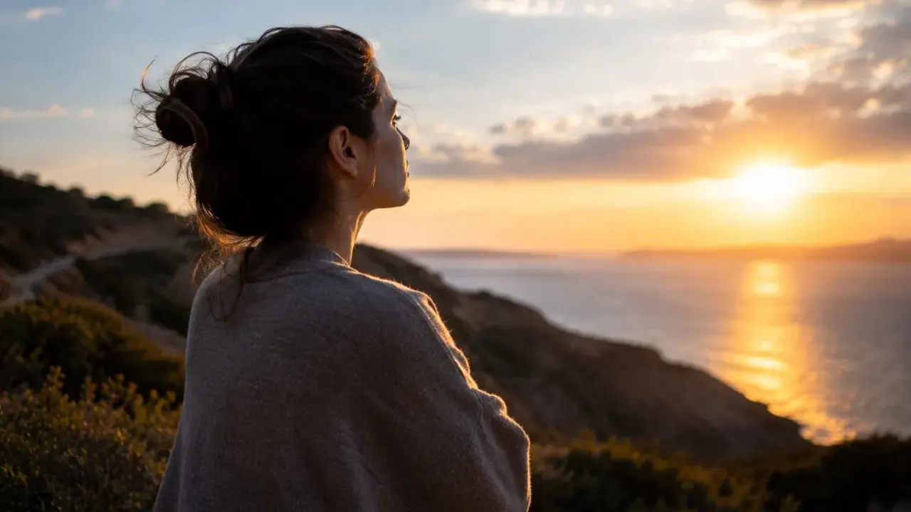 Frau blickt nachdenklich auf Sonnenuntergang über dem Meer. Die Weite spiegelt ihre **Angst vor Kontrollverlust** wider, während sie nach innerem Frieden sucht.