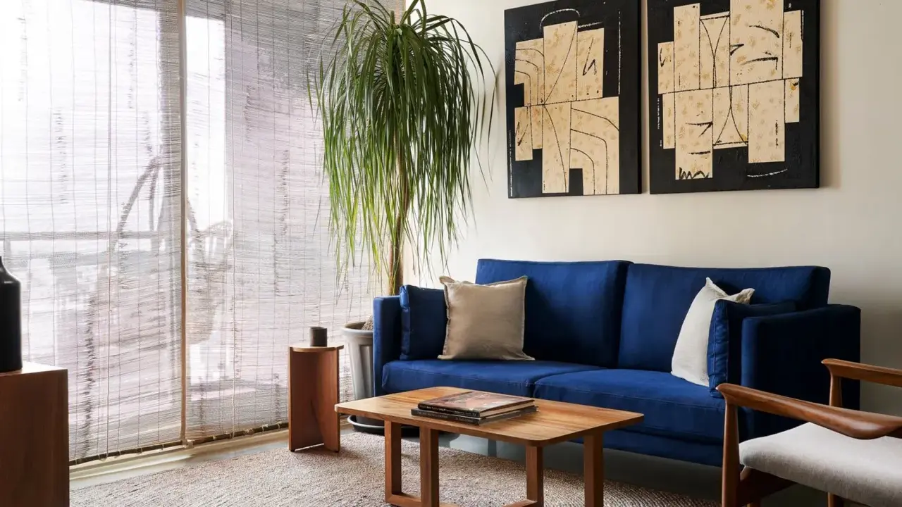 Salones muy pequeños con encanto: sofá azul vibrante, mesa de centro de madera, planta frondosa y arte abstracto en las paredes.