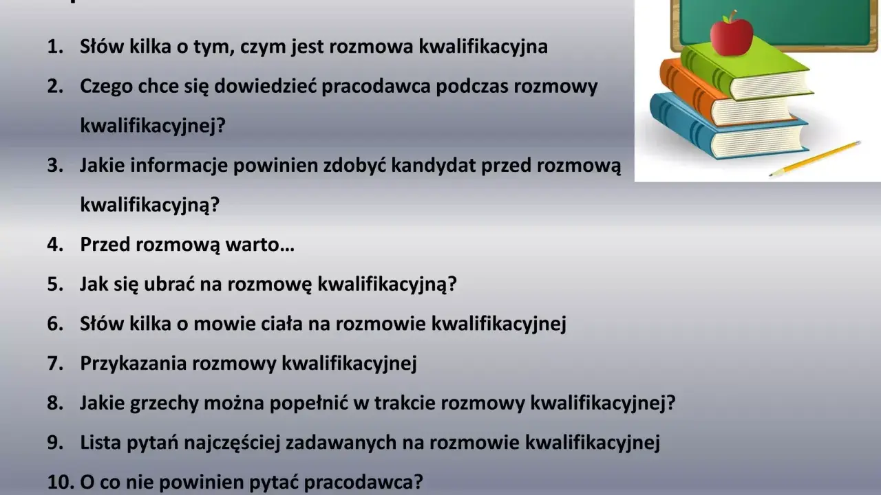 Spis treści prezentacji o rozmowie kwalifikacyjnej, z książkami i jabłkiem.