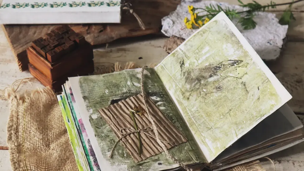 Otwarty notatnik do art journalingu z zielonymi, abstrakcyjnymi wzorami. Na jednej ze stron znajduje się suszony kwiat na pogniecionej tekturze.