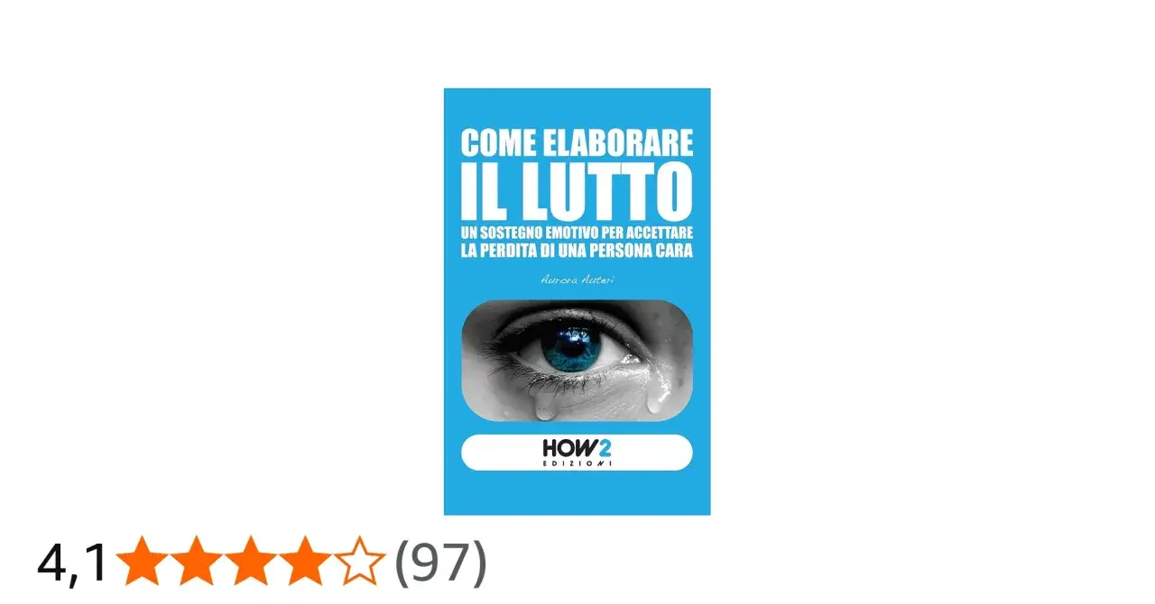Copertina di un libro intitolato "Come elaborare il lutto", con un occhio che piange. Offre un sostegno emotivo per accettare la perdita.