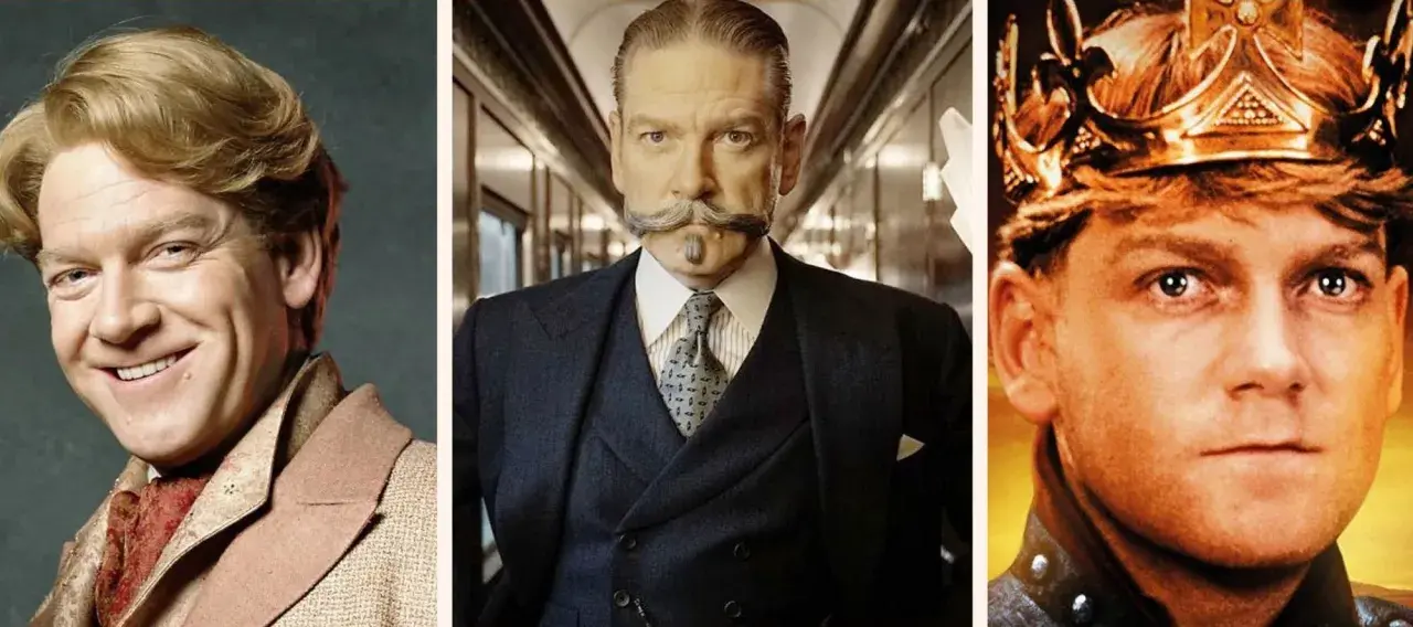 Kenneth Branagh in tre ruoli iconici: un sorriso radioso, l'ispettore Poirot e un re incoronato.