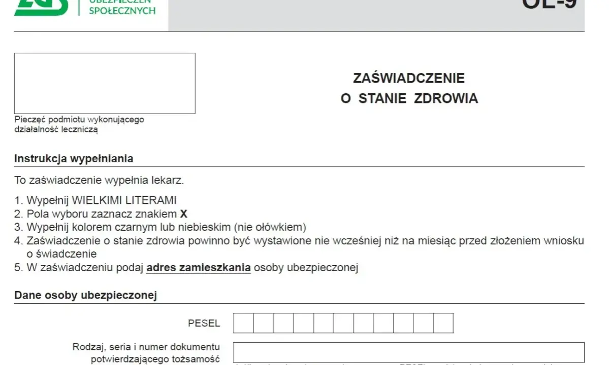 Formularz ZUS OL-9, zaświadczenie o stanie zdrowia, potrzebne do ubiegania się o rentę chorobową. Wypełnia lekarz.