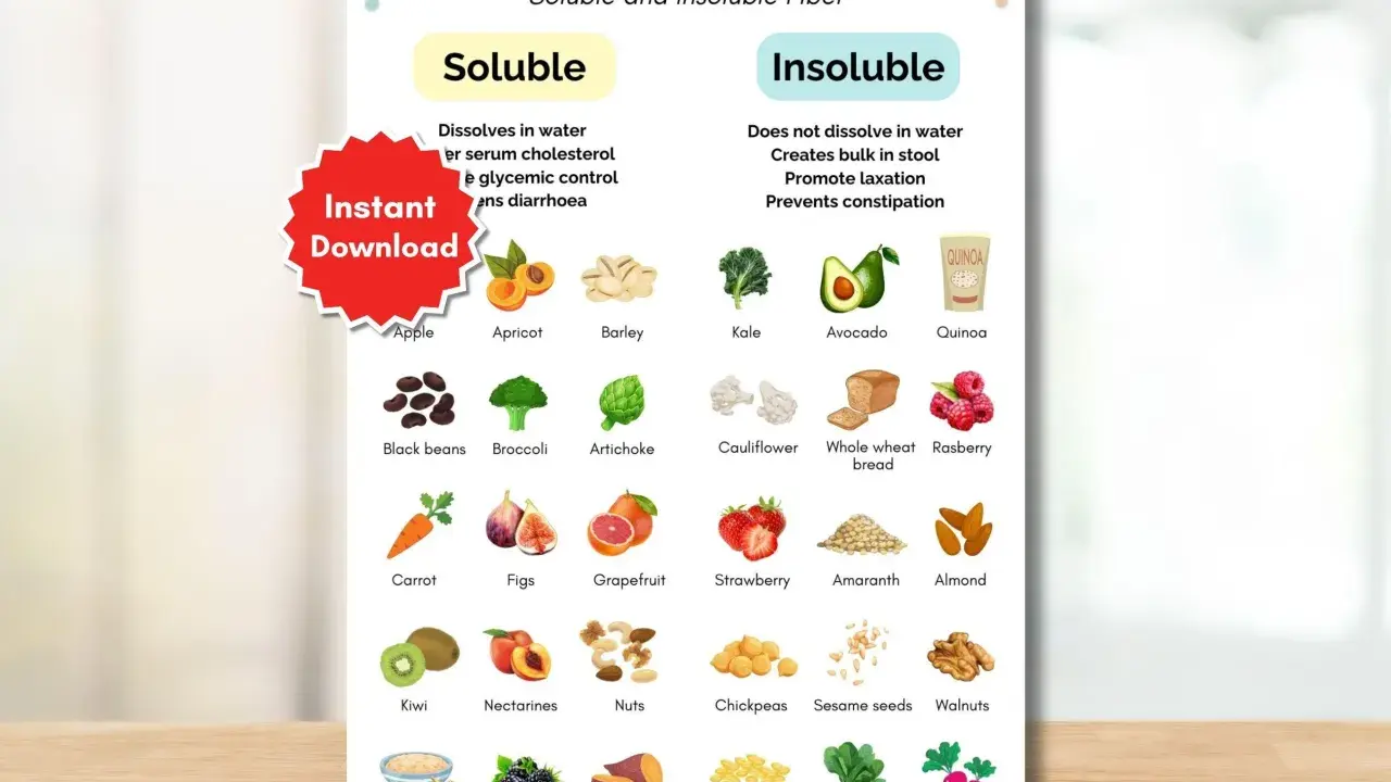 Infographie sur les aliments riches en fibres, distinguant les fibres solubles (dissolvant dans l'eau, bénéfiques pour le cholestérol et le contrôle glycémique) des fibres insolubles. Elle illustre divers fruits, légumes et céréales.