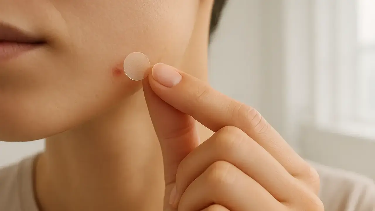 Une main applique un patch boutons sur une peau.