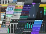 Wielobarwny kolaż ekranów programów muzycznych, ukazujący ścieżki audio, miksery i edytory MIDI.