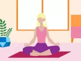 A woman meditates, breathing deeply to relax mind and body.