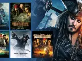 Plakaty filmów z serii Piraci z Karaibów, w tym "Koniec świata" i "Kula w sercu".