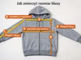 Szara bluza z kapturem, na której zaznaczono miary: szerokość pod pachami (A), długość bluzy (B), długość rękawa (C) i szerokość w ramionach (D).