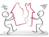 Deux personnages tentent de séparer une maison rouge, symbolisant les inconvénients d'une communauté universelle divisée.