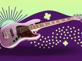 Glitzernder lila E-Bass mit fünf Saiten, ein Beispiel für hochwertige E-Bass-Marken, vor einem lila und hellgrünen Hintergrund mit Punkten und Strahlen.