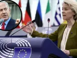 Ursula von der Leyen przemawia na tle flag państwowych, podczas gdy w okręgu widać Benjamina Netanjahu. Czy Izrael to kontynent?