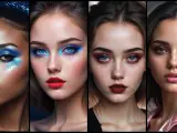 Quattro volti con trucco audace: blu elettrico, rosso acceso, bordeaux e rosa. Un omaggio al trucco anni 70.