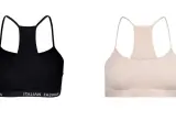 Czarny i beżowy biustonosz sportowy z napisem "ITALIAN FASHION". Idealny pierwszy biustonosz dla młodej kobiety.