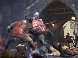 Zacięta bitwa w Kingdom Come: Deliverance. Rycerze w zbrojach walczą mieczami i tarczami, wokół leżą pokonani. Kody do gry mogą pomóc w tej brutalnej walce.