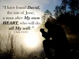 Silhouette of a man praying in a misty forest at sunrise, with text quoting Acts 13:22 about David, a man after God's own HEART.