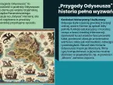 Ilustracja do "Przygód Odyseusza" Jana Parandowskiego. Mapa przedstawia mityczne krainy, potwory i statki, nawiązując do Odysei.