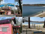 Przyjezierze jezioro z piaszczystą plażą, placem zabaw i sklepikami. W oddali widać las.