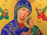 Ikona Matki Bożej rozwiązującej węzły, z aniołami. Wizerunek ten jest symbolem nadziei i wsparcia w trudnych chwilach, jak podczas nowenny rozwiązującej węzły świadectwa.
