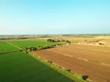 Rozległe, zielone i brązowe pola uprawne pod błękitnym niebem. W oddali widać maszyny budowlane, co może sugerować, ile trwa odrolnienie działki.