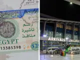 Wiza do Egiptu na paszporcie i nocny widok lotniska z napisem "ARRIVALS".