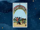 10 pucharów tarot: rodzina świętuje pod tęczowym łukiem pełnym pucharów, symbolizując spełnienie i szczęście.
