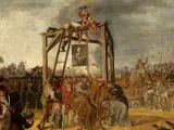 Scena z targowicy: wisielec, tłum, karoce i portret. Dramatyczne wydarzenie historyczne.