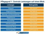 Übersicht der Leistungen für Pflegegrad 1: Pflegegeld, Pflegesachleistung, Betreuungs- und Entlastungsbeitrag (131€/monatlich), Pflegehilfsmittel (42€/monatlich) und Überleitungspflege (1.854€/monatlich).