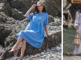 Modelli ispirano su come vestirsi per andare al mare: abito azzurro e completo bianco in lino, perfetti per la spiaggia.