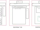Schemat blokowy układu strony głównej i podstron HTML z elementami: logo, nawigacja, nagłówek, treść, kafelki, reklama i przycisk.