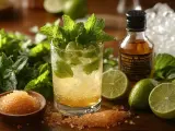 Orzeźwiający mohito drink z miętą, limonką i cukrem trzcinowym. Obok buteleczka rumu i lód.