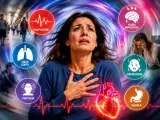 Donna in preda al panico, con sintomi come palpitazioni, fiato corto, vertigini, sudorazione, nausea e paura improvvisa. Si può morire per un attacco di panico.