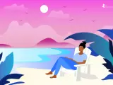 A person sits in a white Adirondack chair on a beach, enjoying the sunset. The scene is a perfect way to relax and recharge.