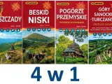 Cztery okładki map turystycznych: Bieszczady, Beskid Niski, Pogórze Przemyskie, Góry Sanocko-Turczańskie.