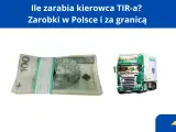 Ile zarabia kierowca tira? Stos banknotów 100 zł i zielona ciężarówka sugerują zarobki w transporcie.