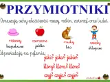 Przymiotniki: różowy kapelusz, czerwone jabłko, rudy lis, wesoły chłopiec. Przykłady: jaki? jaka? jakie?