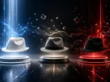 Drei Hüte (weiß, grau, schwarz) schweben über Podesten, umgeben von digitalen Netzwerken und Würfeln. Symbolisiert die verschiedenen Strategien im **white hat seo**.