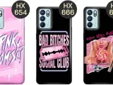 Trzy etui na telefon Oppo Reno 6 5G z różnymi wzorami: różowe z napisem "Pink Promise", czarne z napisem "Bad Bitches Social Club" i czarne z wizerunkiem dziewczyny i napisem "Boys like Toys".